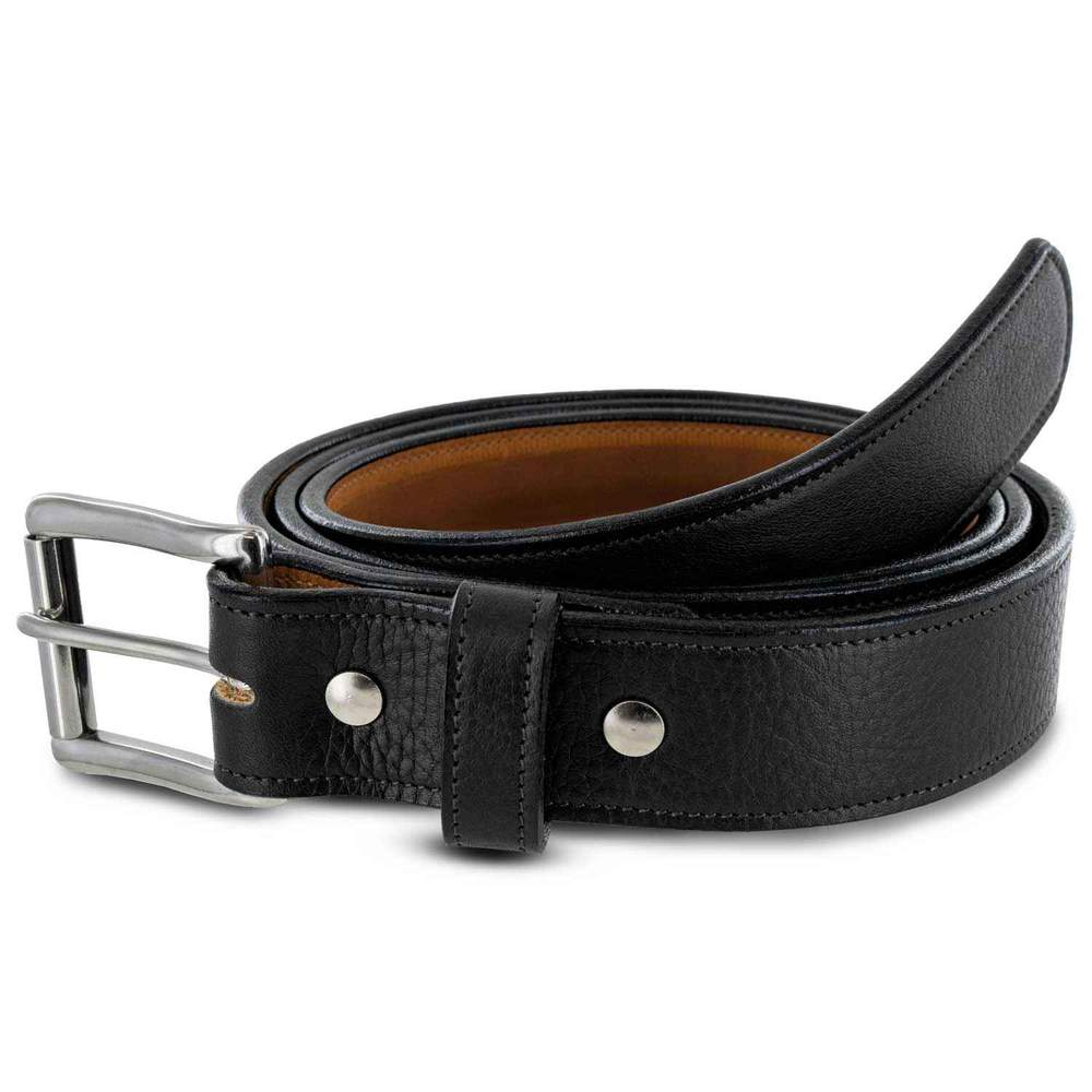 The Tuscan Embossed Lined by Hanks Belts is a rolled-up black premium leather belt with a stainless steel buckle, two metal rivets, and brown English Bridle Leather detailing on the inner side.