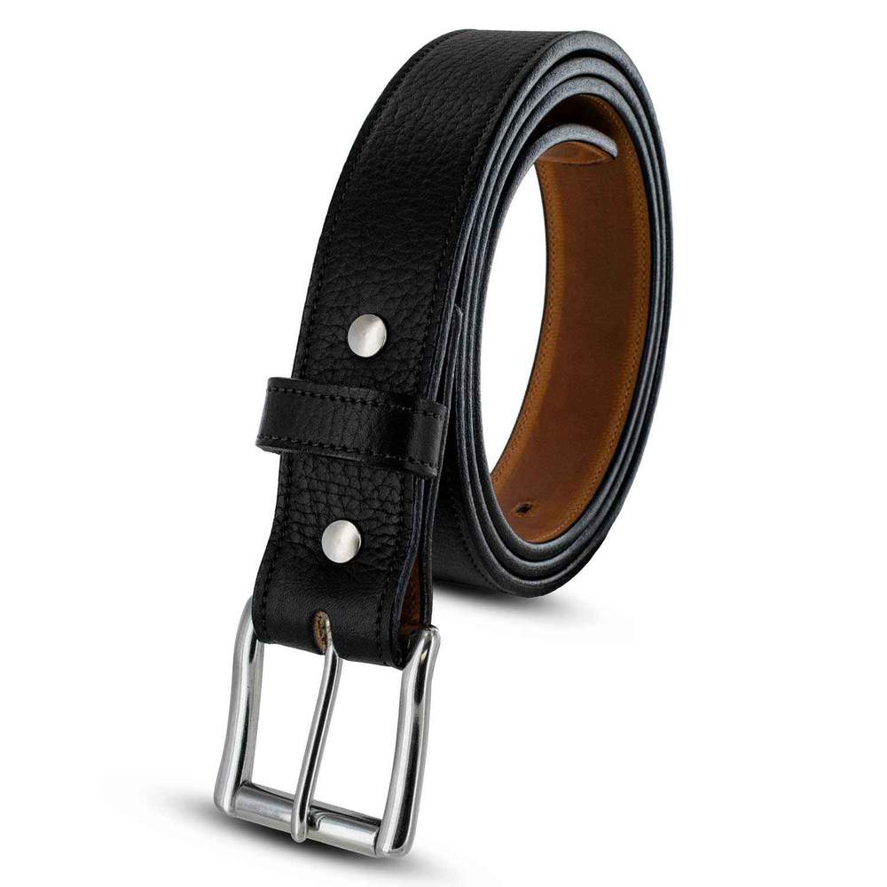 The Tuscan Embossed Lined belt by Hanks Belts is shown upright on a white background. It features black premium leather with a stainless steel buckle and a tan brown inner side.