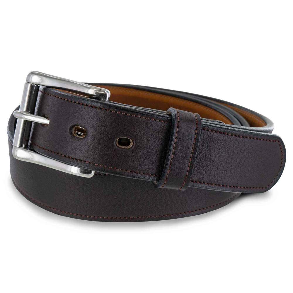 The Tuscan Embossed Lined by Hanks Belts is a brown premium leather belt with visible edge stitching and a stainless steel buckle, neatly rolled for display.