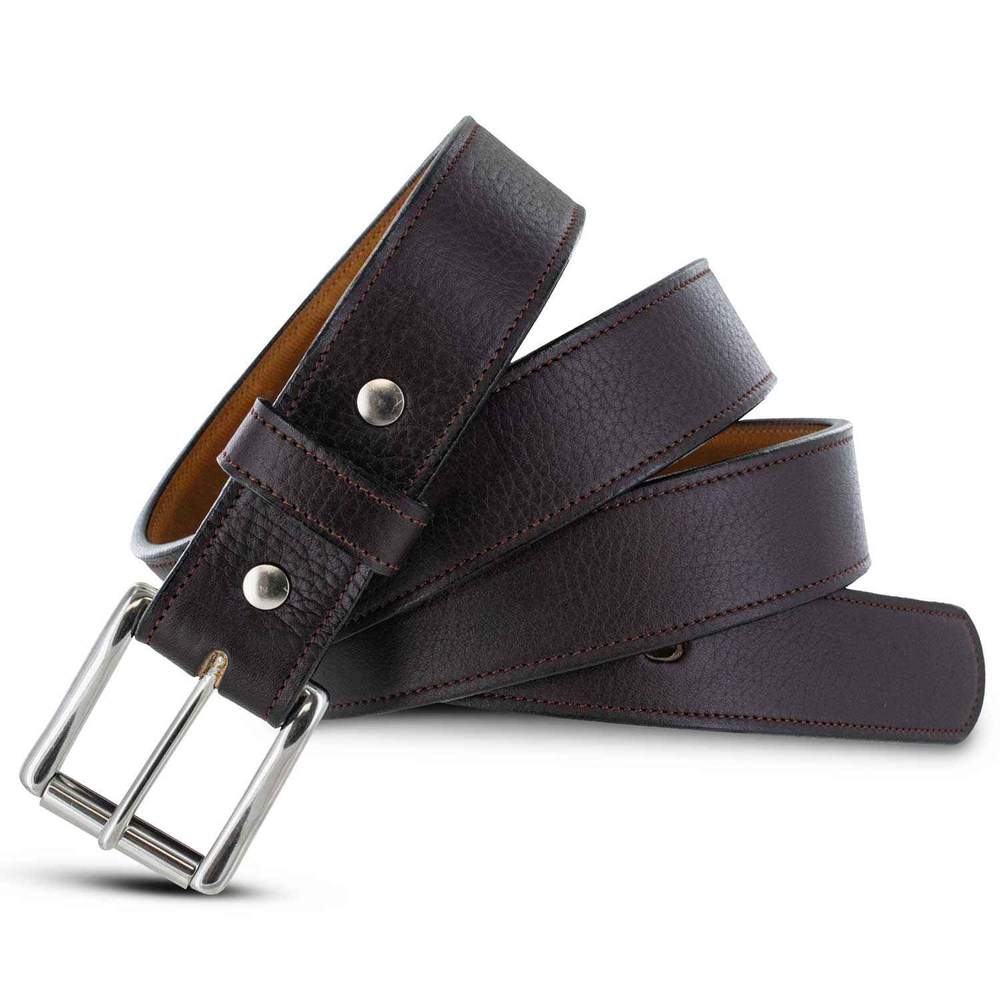 The Tuscan Embossed Lined by Hanks Belts features premium dark brown English Bridle Leather, detailed edge stitching, an embossed texture, and a polished stainless steel buckle.